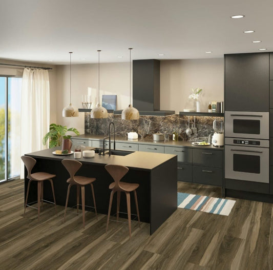Modern kitchen with clear pecan flooring