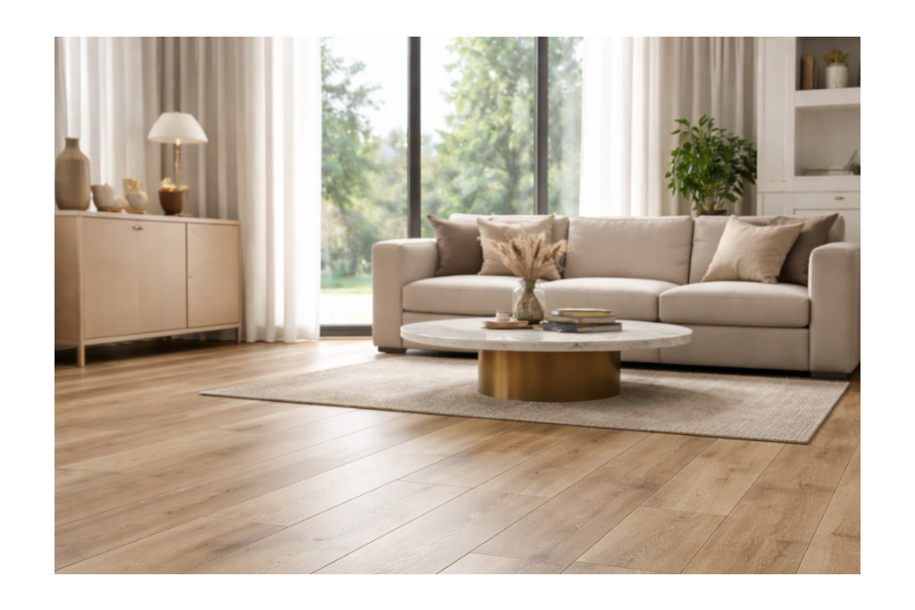 Wooden flooring in a living room with a couch and coffee table.